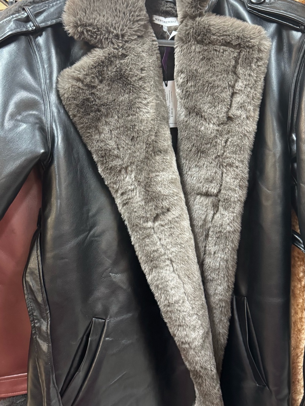 WeWoreWhat Black Leather Jacket with Gray Faux Fur Lapel